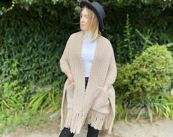 Easy Crochet Shawl PATTERN, Crochet wrap PDF pattern, Women crochet pocket scarf, Crochet boho with pockets
