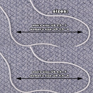 May include: Two white lines on a gray textured surface with text indicating sizes for men and women. The text reads "sizes: men's size: US 2,5 - 3 women's size: US 3,5 - 4 men's size: US 4,5 - 5 women's size: US 5,5 - 6"