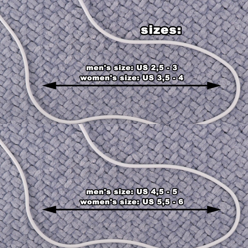 May include: Two white lines on a gray textured surface with text indicating sizes for men and women. The text reads "sizes: men's size: US 2,5 - 3 women's size: US 3,5 - 4 men's size: US 4,5 - 5 women's size: US 5,5 - 6"