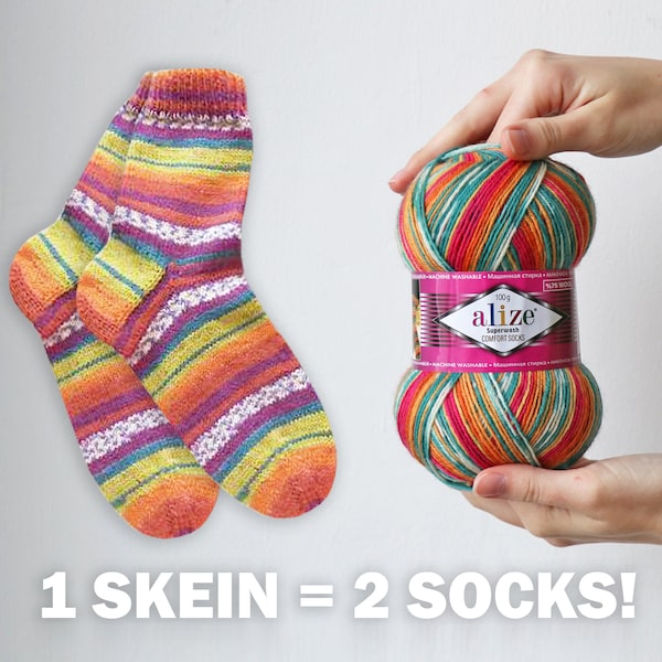 FIL À CHAUSSETTES, Alize Superwash Comfort Socks Yarn Yarn Wool Socks, Saupoudrer laine, Laine mérinos pour chaussettes, Auto-rayures, Ombre 1 pelote = paire de chaussettes