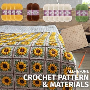 May include: A crochet kit with a sunflower blanket, balls of yellow, brown, white, and green yarn, a wooden blocking board, and a crochet hook. The blanket has a square pattern with yellow and brown sunflowers.
