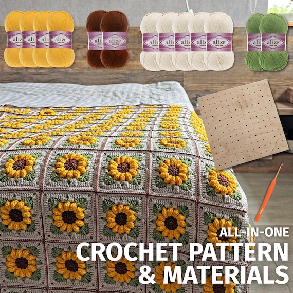 Sunflower Blanket Crochet Kit, Pattern + Cotton Yarn, Granny Square Blocking Board, DIY Home Decor, Craft Kit for Beginners
