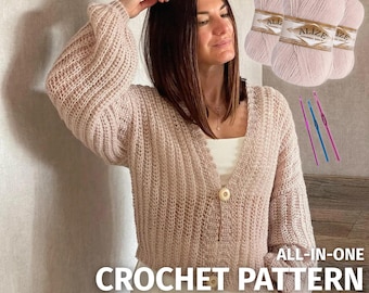 Kit per cardigan in pizzo all'uncinetto, modello + filato d'angora, kit per realizzare un maglione all'uncinetto facile, fai da te, taglia unica