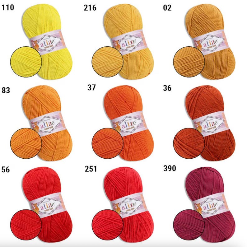 May include: A collection of Alize brand yarn skeins in various colors, including yellow, orange, red, and burgundy. Each skein is accompanied by a small swatch of the same color, showcasing the yarn's texture. The image is well-lit, highlighting the vibrant hues.