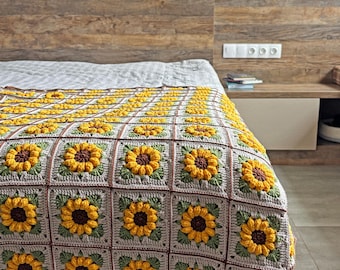 Crochet Afghan Pattern, Sunflower Granny Square Blanket PDF, US Terms, Intermediate Crochet Homde Decor