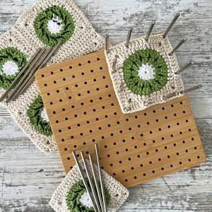 Wooden Blocking Board for Granny Squares, Include 20 Stainless Steel Pins & Stand (7.8" 7.8" 0.39"), 100% Natural Bamboo Wooden,Gift for Her