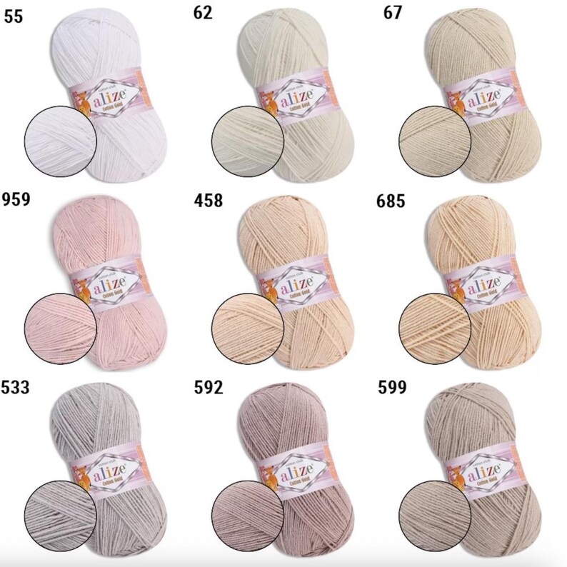 May include: A collection of Alize Cotton Gold yarn skeins in various colors, including white, beige, pink, and gray. Each skein has a close-up view of the yarn texture and the Alize Cotton Gold label. The numbers 55, 62, 67, 959, 458, 685, 533, 592, and 599 are visible.