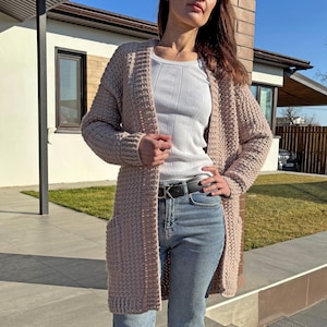 Patrón de crochet para cárdigan texturizado fácil de hacer, cárdigan de bolsillo, suéter moderno para principiantes (PDF, tallas S-L)