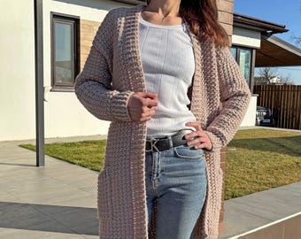 Häkelanleitung Strukturierter Cardigan Einfaches DIY, Taschenjacke Cardigan Modern Anfängerfreundlich Pullover PDF, Größen S-L