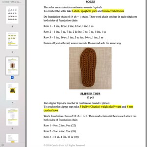 May include: Instructions for crocheting slipper soles and tops. The soles are crocheted with t-shirt or spaghetti yarn and an 8 mm crochet hook. The tops are crocheted with 5-Bulky (Chunky) weight fluffy yarn and a 4 mm crochet hook.