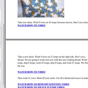 May include: A close-up of a knitting pattern with instructions for working 9 rows on 42 loops between sleeves. The text also includes a link to a "WATCH HOW-TO VIDEO" for additional guidance.