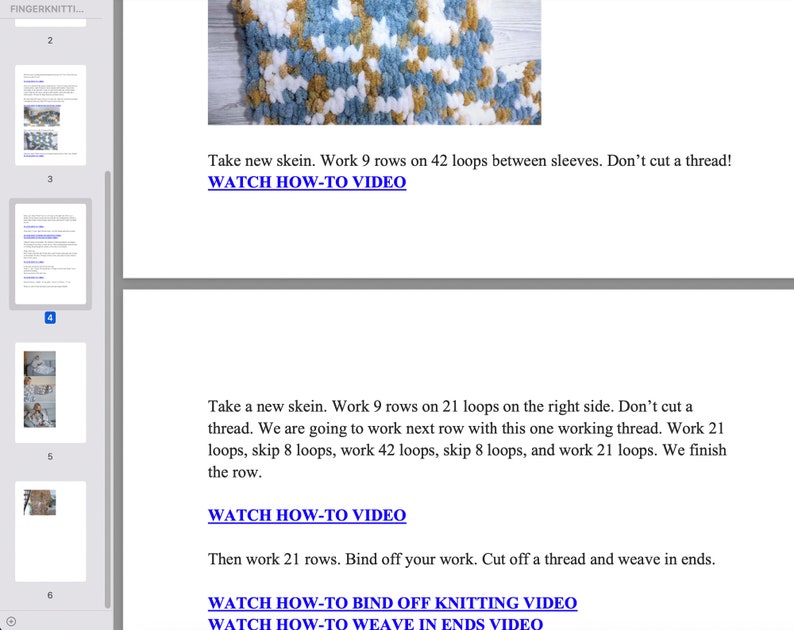 May include: A close-up of a knitting pattern with instructions for working 9 rows on 42 loops between sleeves. The text also includes a link to a "WATCH HOW-TO VIDEO" for additional guidance.