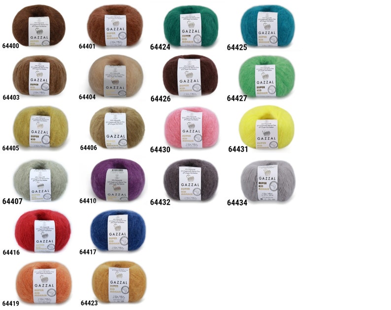May include: Assortment of 18 skeins of yarn in various colors, including brown, green, yellow, pink, gray, red, orange, and purple. Each skein is labeled "GAZZAL SUPER KID"