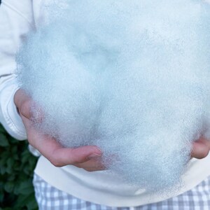 May include: A handful of light blue, fluffy stuffing material. The soft, cloud-like material is held in open hands, suggesting a pillow or craft filling. The background is blurred, focusing attention on the texture and color of the stuffing.