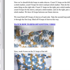 May include: A close-up of a knitting project with blue, white and brown yarn. The project is being worked on with a stitch marker and the instructions say to bind off 8 loops of sleeves. The text "WATCH HOW TO BIND OFF KNITTING VIDEO" is also visible.