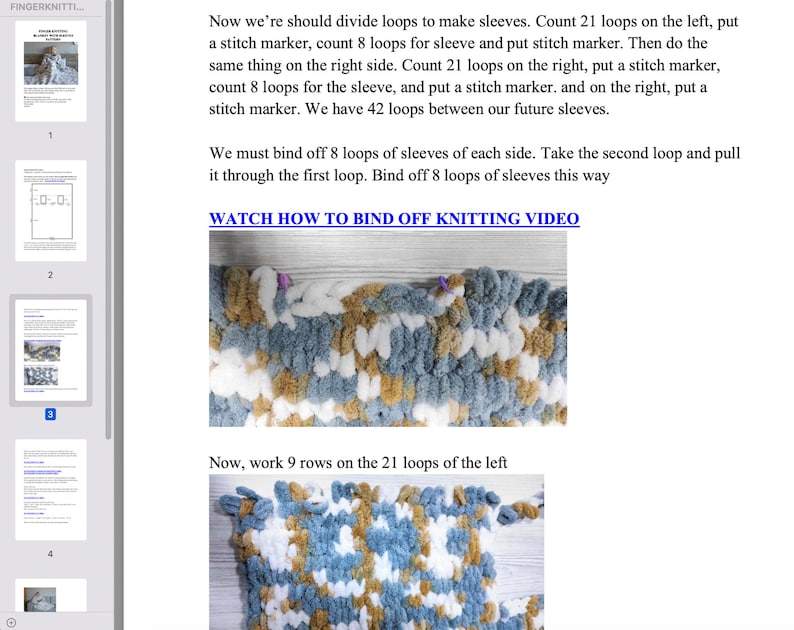 May include: A close-up of a knitting project with blue, white and brown yarn. The project is being worked on with a stitch marker and the instructions say to bind off 8 loops of sleeves. The text "WATCH HOW TO BIND OFF KNITTING VIDEO" is also visible.