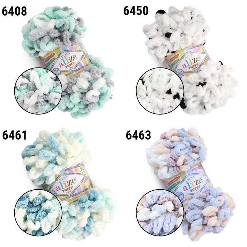 May include: Four skeins of Alize Puffy yarn in various colors. The colors include a mix of mint green, gray, and white; white with black accents; light blue and white; and a blend of pastel blues, pinks, and creams. Each skein has a close-up view of the yarn.