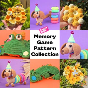 May include: A collection of handmade crochet items, including a dachshund dog with a party hat and rainbow tail, a frog, and a honeycomb-shaped basket. The text "Candy Yarn Memory Game Pattern Collection" is displayed in the center.