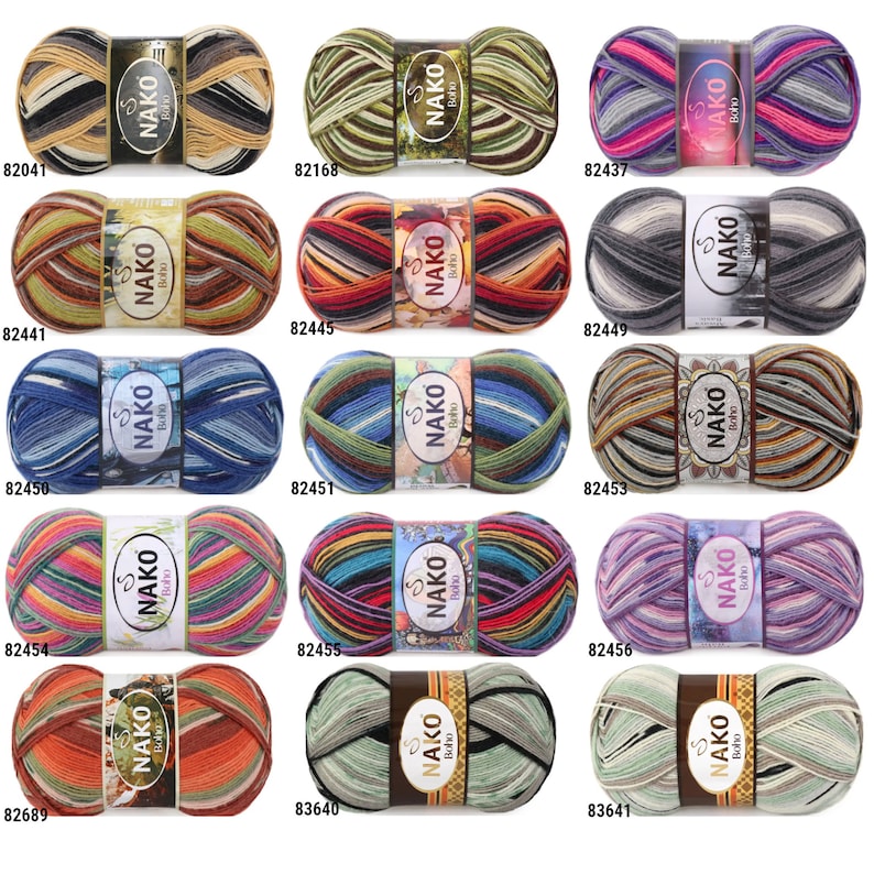 NAKO BOHO, SOCK Yarn 41 Colors, Merino Wool Sock Yarn, Fingering Sock ...