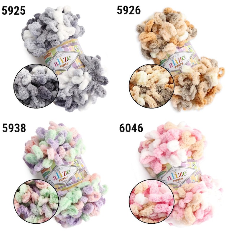 May include: Four colorful Alize Puffy yarn skeins. Each skein is a different color: gray, tan, pastel, and pink. Each skein has a circular close-up of the yarn's texture. The product number is visible on each skein.