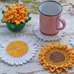 2-in-1 Sunflower&Chamomile FLOWERS POT Coaster Set Crochet Pattern, Crochet Plant Pot Coasters Set Pattern, PDF Flower Bouquet
