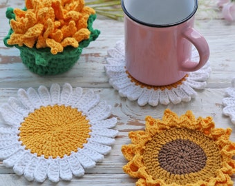 Crochet Flower Coaster Set Pattern, Sunflower & Chamomile PDF