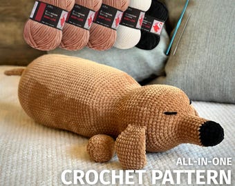 Dog Pillow Crochet Kit, Pattern + Chenille Yarn, Easy Crochet Dachshund Snuggle Pillow, Craft Kit