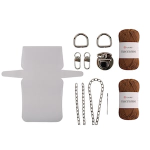 May include: A DIY macrame bag kit with two balls of brown yarn, a white fabric base, two silver D-rings, two silver swivel clasps, a silver clasp, a silver chain, and a needle.