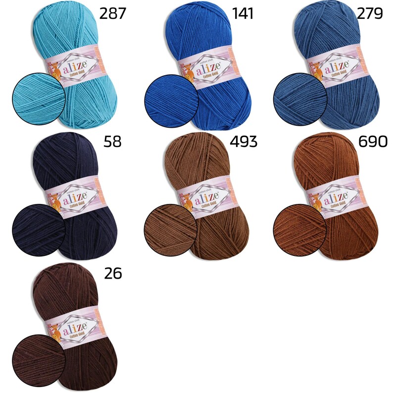 May include: A collection of Alize Cotton Gold yarn skeins in various colors, including teal, blue, navy, and brown. Each skein is labeled with a color number and a swatch of the yarn. Ideal for knitting and crochet projects.