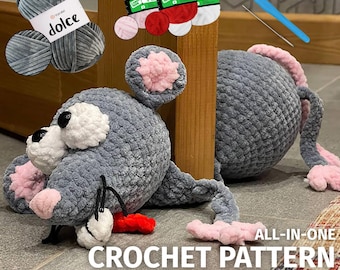 Crochet Rat Door Stopper Kit, Pattern + Plush Yarn, Easy Beginner Amigurumi Home Decor Funny Door Stop Crochet Kit