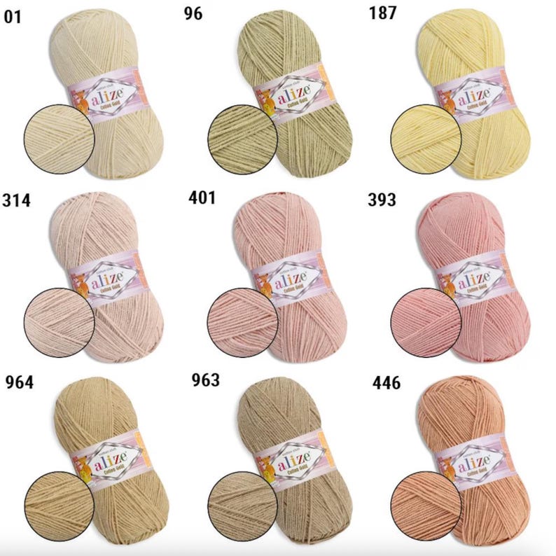 May include: A collection of Alize Cotton Gold yarn skeins in various colors, including beige, green, yellow, pink, and brown. Each skein has a matching swatch and a label with the brand name and color code.