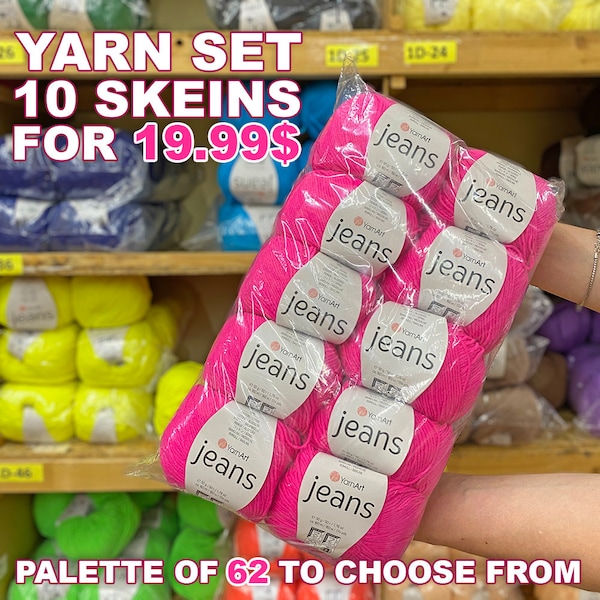 YARNART JEANS 10 SKEINS, 62 Colors, Amigurumi Yarn, Yarn Gauge, 2 Fine Sport Weight, Cotton Blend Yarn Set, Jeans Yarn, 1.75 oz / 174 yds