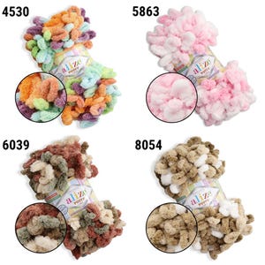 May include: Four skeins of Alize Puffy yarn in various colors. The top left skein is a mix of orange, purple, green, and blue. The top right is pink and white. The bottom left is brown and green. The bottom right is tan and white. Each skein has a close-up view.