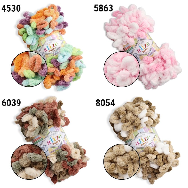 May include: Four skeins of Alize Puffy yarn in various colors. The top left skein is a mix of orange, purple, green, and blue. The top right is pink and white. The bottom left is brown and green. The bottom right is tan and white. Each skein has a close-up view.