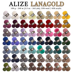 May include: A collection of 48 balls of yarn in various colours, including white, red, purple, blue, green, grey, and brown. The yarn is labelled "Alize Lanagold" and is 100 grams and 240 metres (3.5 ounces and 262 yards) per ball. The yarn is 55% wool and 45% acrylic.