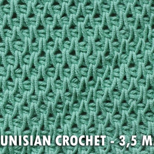 May include: Close-up of a textured, turquoise Tunisian crochet fabric. The stitch pattern creates a woven appearance. The text "TUNISIAN CROCHET - 3,5 MM" is displayed at the bottom of the image.