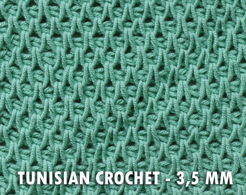 May include: Close-up of a textured, turquoise Tunisian crochet fabric. The stitch pattern creates a woven appearance. The text "TUNISIAN CROCHET - 3,5 MM" is displayed at the bottom of the image.