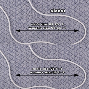 May include: A close-up of a woven fabric with two white lines outlining the shape of a foot. The lines are labeled with sizes for men and women. The text reads "sizes: men's size: US 5.5 - 6 women's size: US 6.5 - 7 men's size: US 7 - 8 women's size: US 8 - 9"