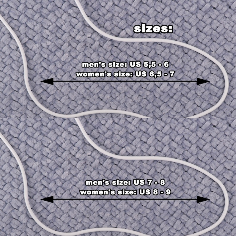 May include: A close-up of a woven fabric with two white lines outlining the shape of a foot. The lines are labeled with sizes for men and women. The text reads "sizes: men's size: US 5.5 - 6 women's size: US 6.5 - 7 men's size: US 7 - 8 women's size: US 8 - 9"