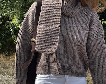 Crochet Pattern Scarf Sweater, Crochet Sweater with Scarf Pattern, Winter Crochet Pullover, Sizes S-XL, Womens, PDF