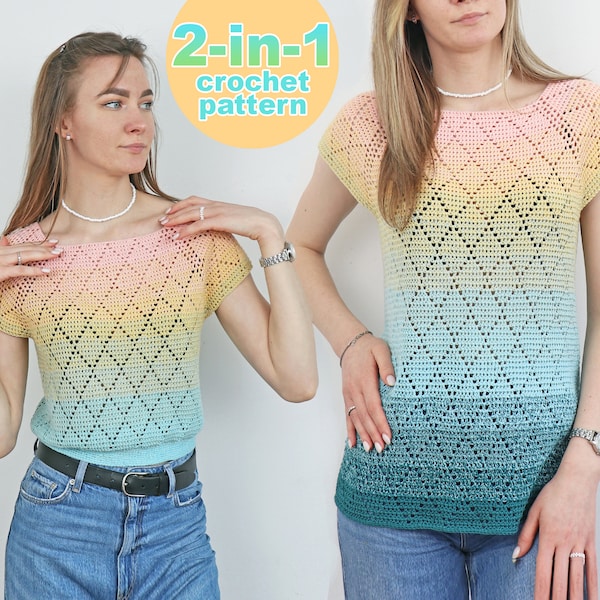 MOTIF DU HAUT AU CROCHET. Patron 2 en 1 femme au crochet. Modèle de haut court. Couverture de plage. Haut de fête. Haut en dentelle bohème. T-shirt d'été au crochet