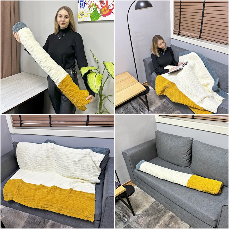 May include: A crocheted throw blanket with a white, yellow, and gray striped pattern. The blanket is folded and displayed on a gray couch. The blanket is also shown being held by a person and draped over a couch.
