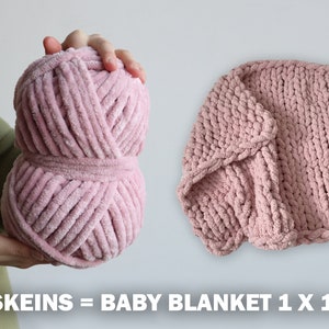 K&ouml;nnte beinhalten: Drei Kn&auml;uel rosa Garn reichen aus, um eine Babydecke von 1 x 1 Meter zu stricken. Das Garn ist weich, flauschig und dick.