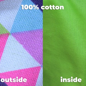 May include: Close-up of a fabric with a geometric pattern on the outside and a solid green color on the inside. The fabric is labeled "100% cotton" and the text "outside" and "inside" are visible.