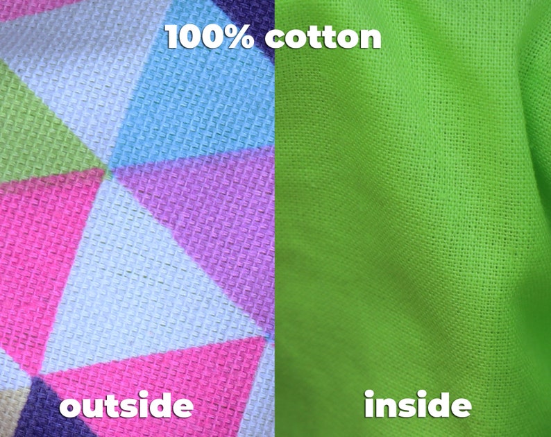 May include: Close-up of a fabric with a geometric pattern on the outside and a solid green color on the inside. The fabric is labeled "100% cotton" and the text "outside" and "inside" are visible.