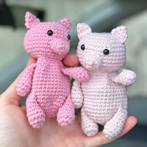 Puede incluir: Dos peluches de cerdo de crochet rosa con ojos negros y hocicos. El cerdo de la izquierda es de un tono de rosa más oscuro que el cerdo de la derecha.