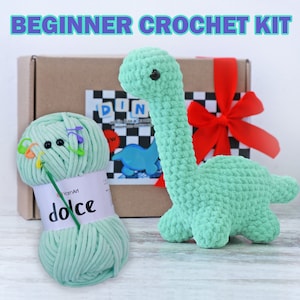 May include: Beginner crochet kit with a green yarn ball and a green crocheted dinosaur. The yarn ball is labeled "YarnArt dolce".