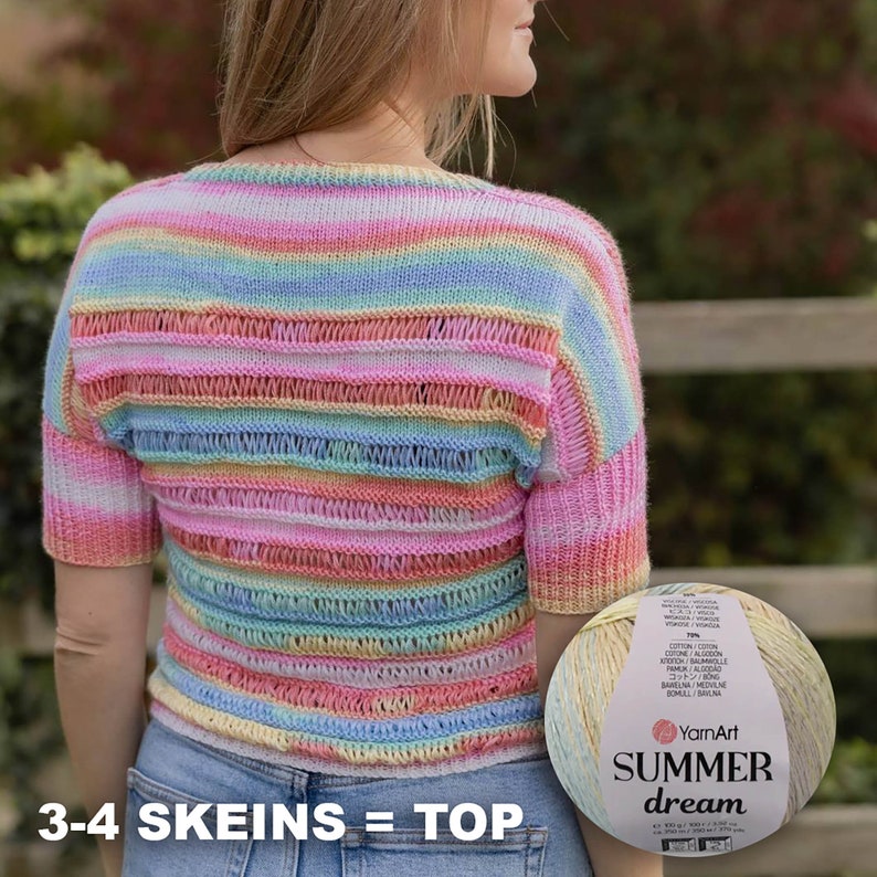 May include: A rainbow striped crochet top with a scoop neck and short sleeves. The top is made with a yarn called "Summer Dream" and requires 3-4 skeins of yarn.