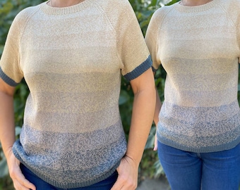 Striped Knit Tee Pattern, Bottom Up Raglan, Lace Weight PDF Download