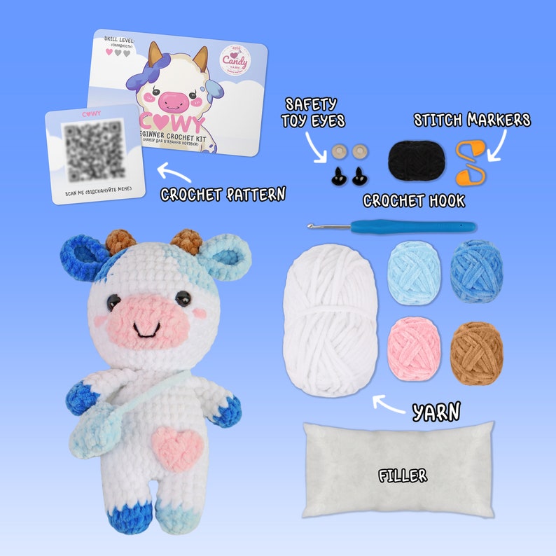 BEGINNER CROCHET KIT Amigurumi Cow, Easy Starter Crochet Kit, Amigurumi Kit, Diy Craft Kit Gift, Learn How To Crochet Kit, Amigurumi Cow image 3
